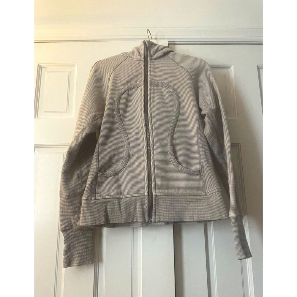 Lululemon Scuba Hoodie Full Zip Classic Micro Stripe Grey White Womens Size 8